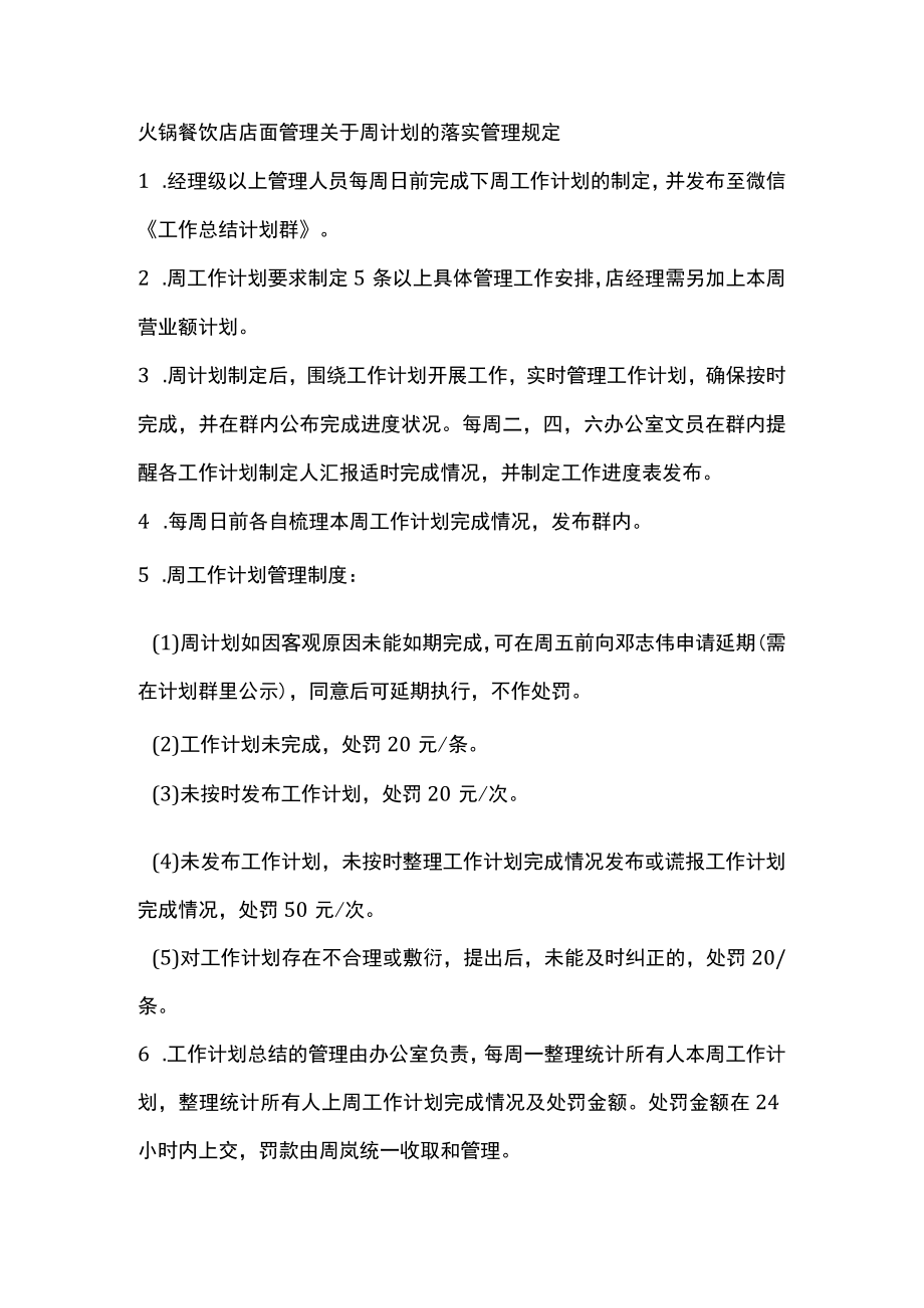 火锅餐饮店店面管理关于周计划的落实管理规定.docx_第1页