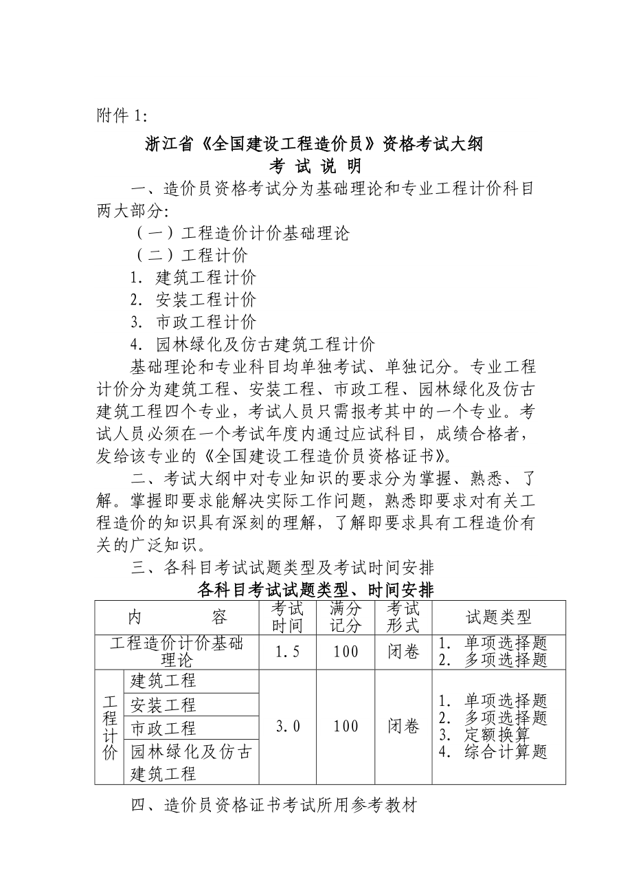 浙江省全国建设工程造价员资格考试大纲.doc_第1页