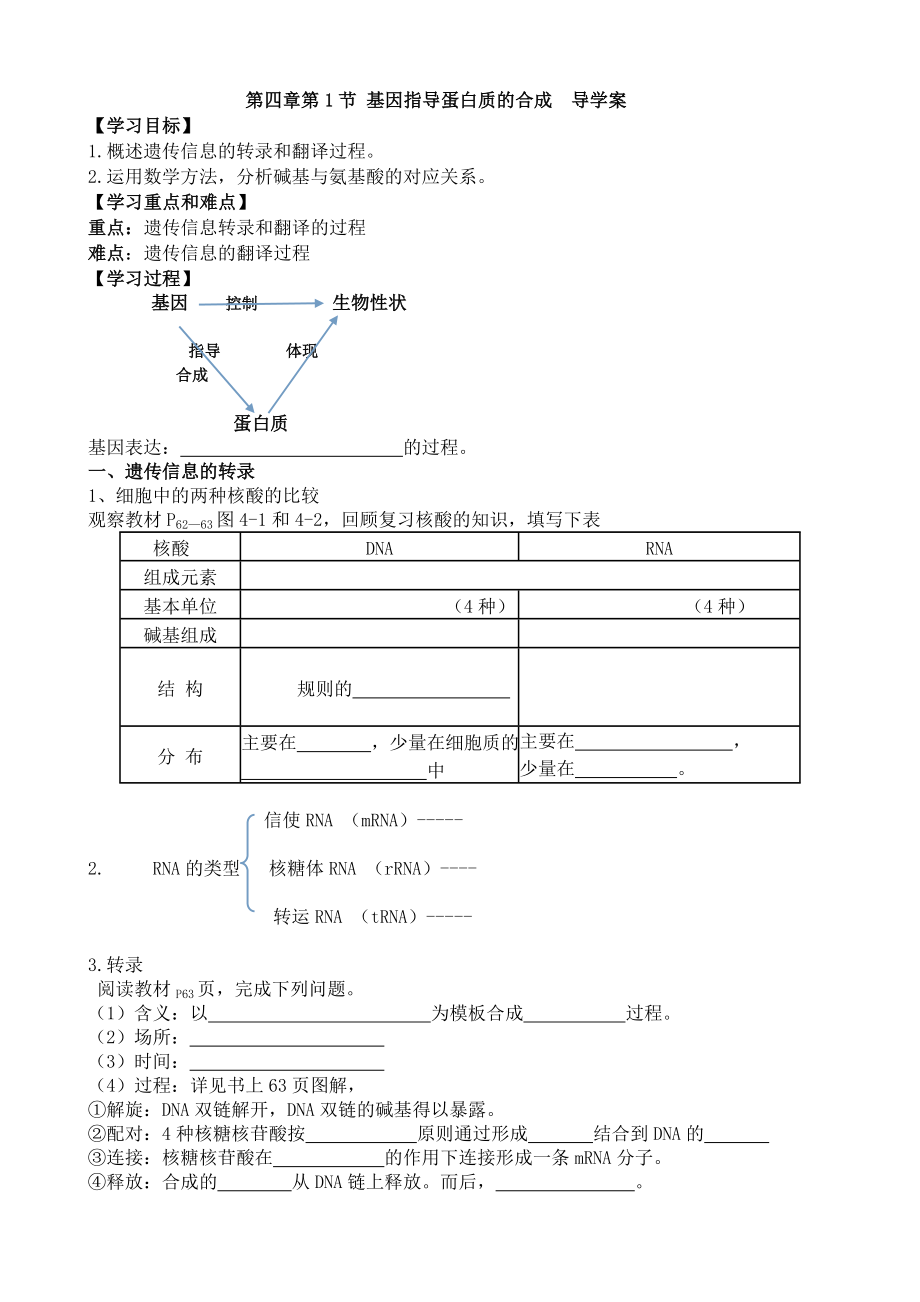 第1节基因指导蛋白质的合成导学案.doc_第1页