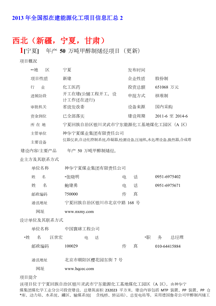 全国拟在建能源化工项目汇总2.doc_第1页