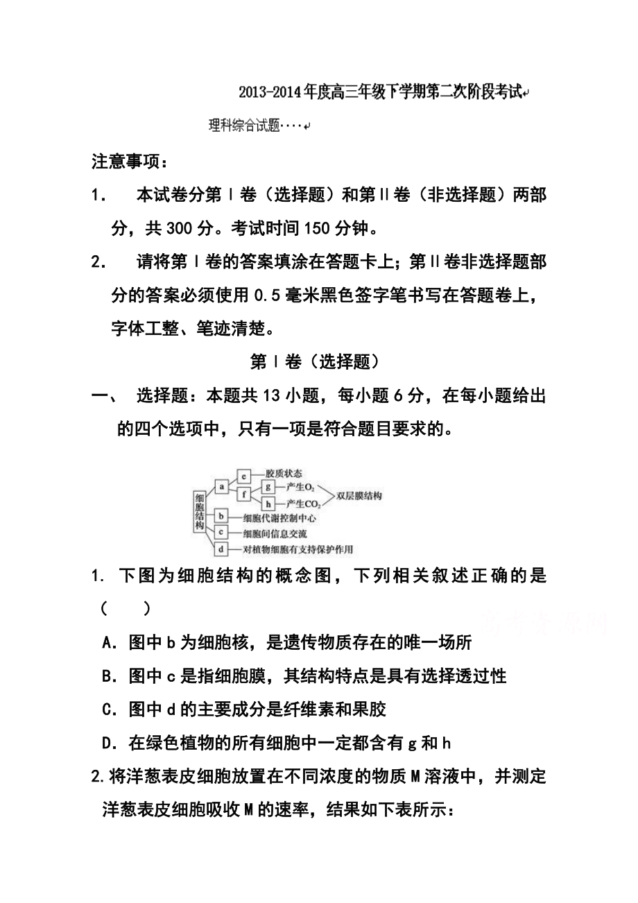 黑龙江省大庆第一中学高三下学期第二次阶段考试理科综合试题及答案.doc_第1页