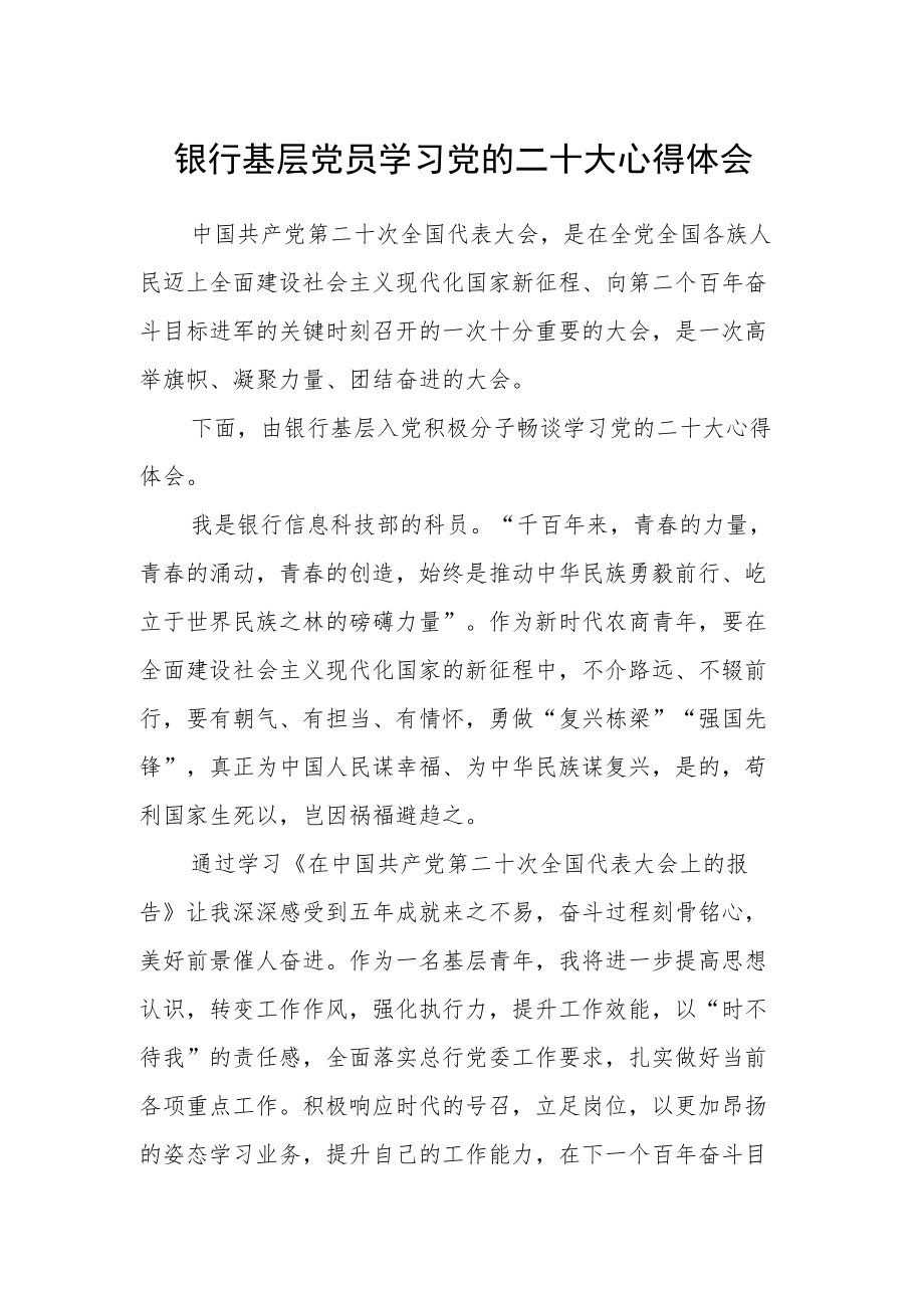 银行基层党员学习党的二十大心得体会.docx_第1页