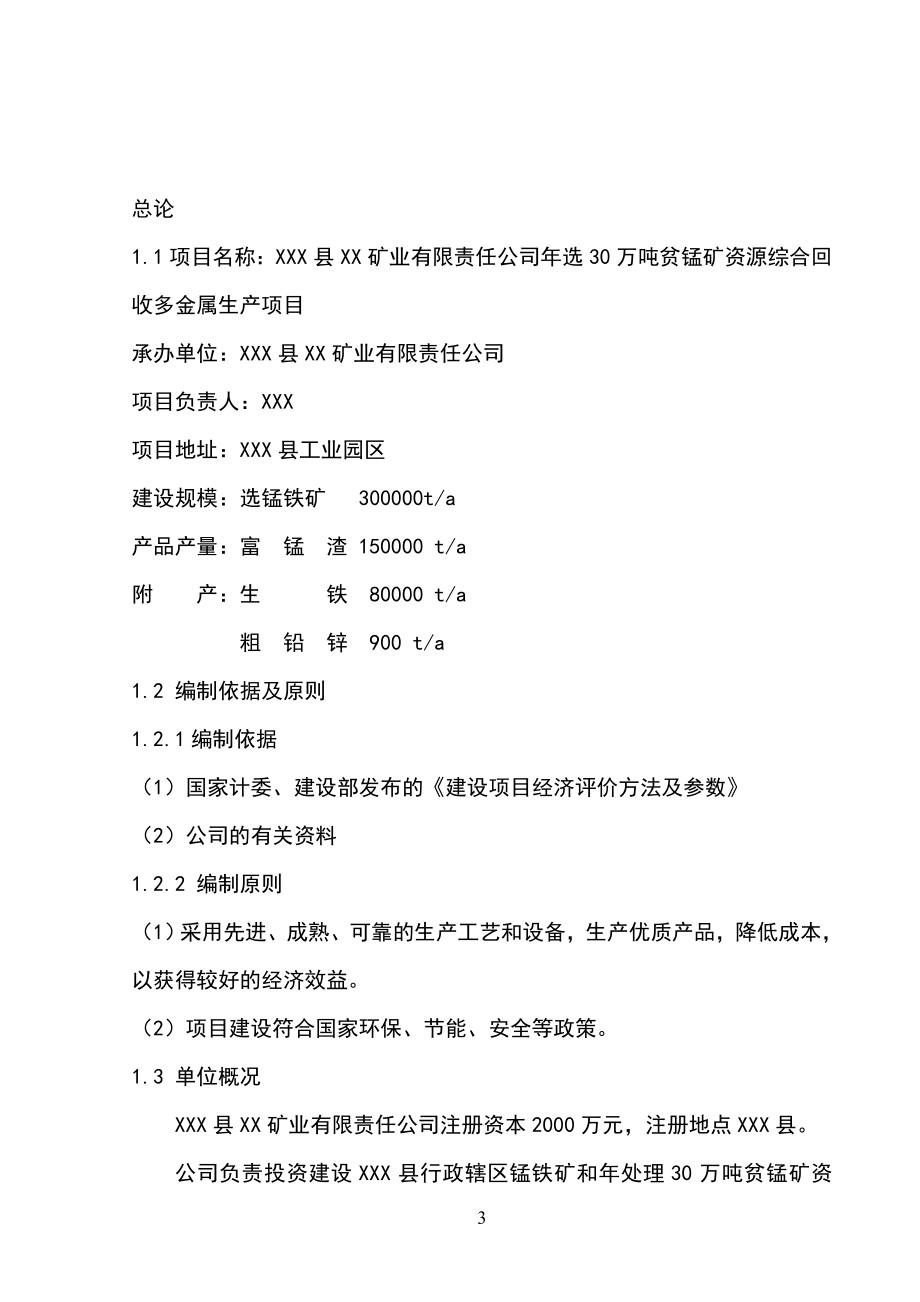 年选30万吨贫锰矿资源综合回收多金属生产项目可行性研究报告.doc_第3页