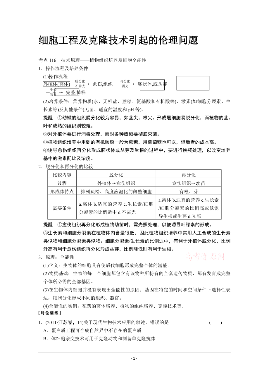 复习教案：细胞工程及克隆技术引起的伦理问题[精选文档].doc_第1页