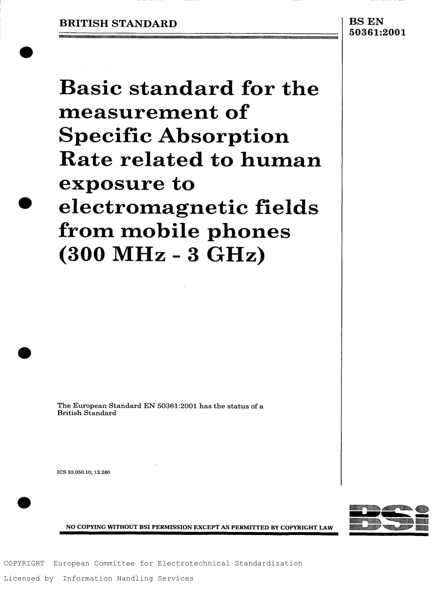 BS英国标准BS EN 503612001 与人暴露于电磁场有关的移动电话特殊吸收测量的基本标准.doc_第1页