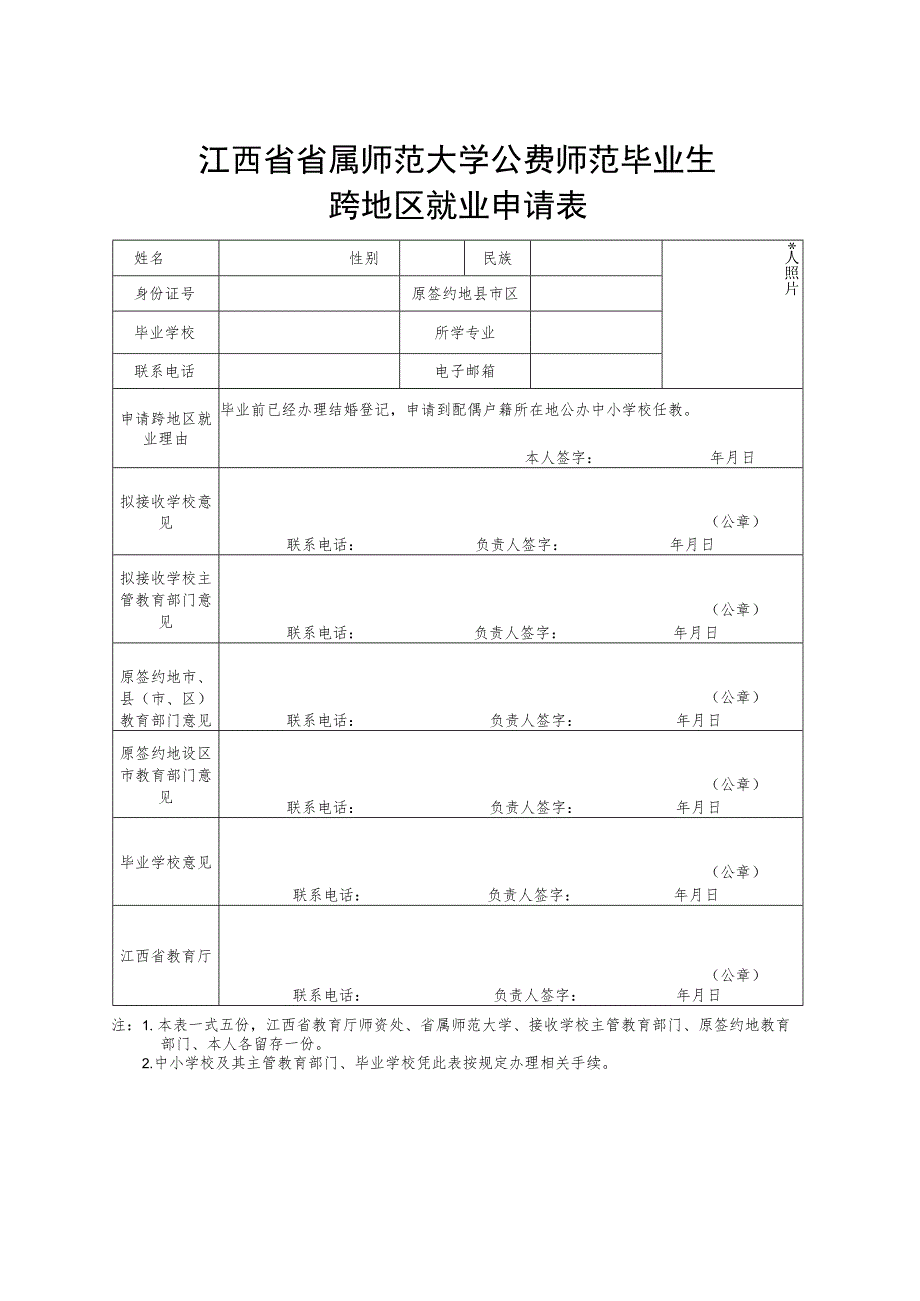 江西省省属师范大学公费师范毕业生跨地区就业申请表.docx_第1页