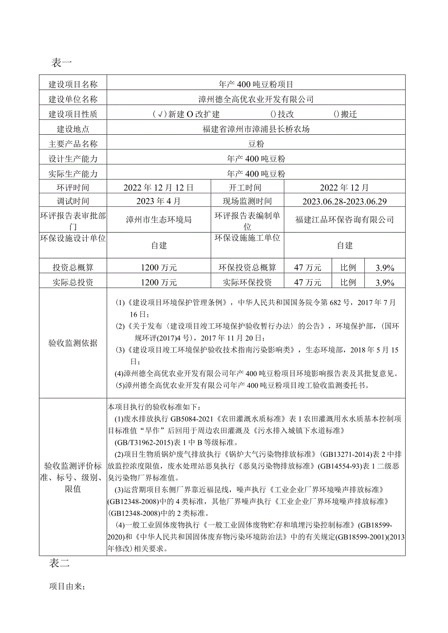 漳州德全高优农业开发有限公司年产400吨豆粉项目竣工环境保护验收监测报告表.docx_第3页